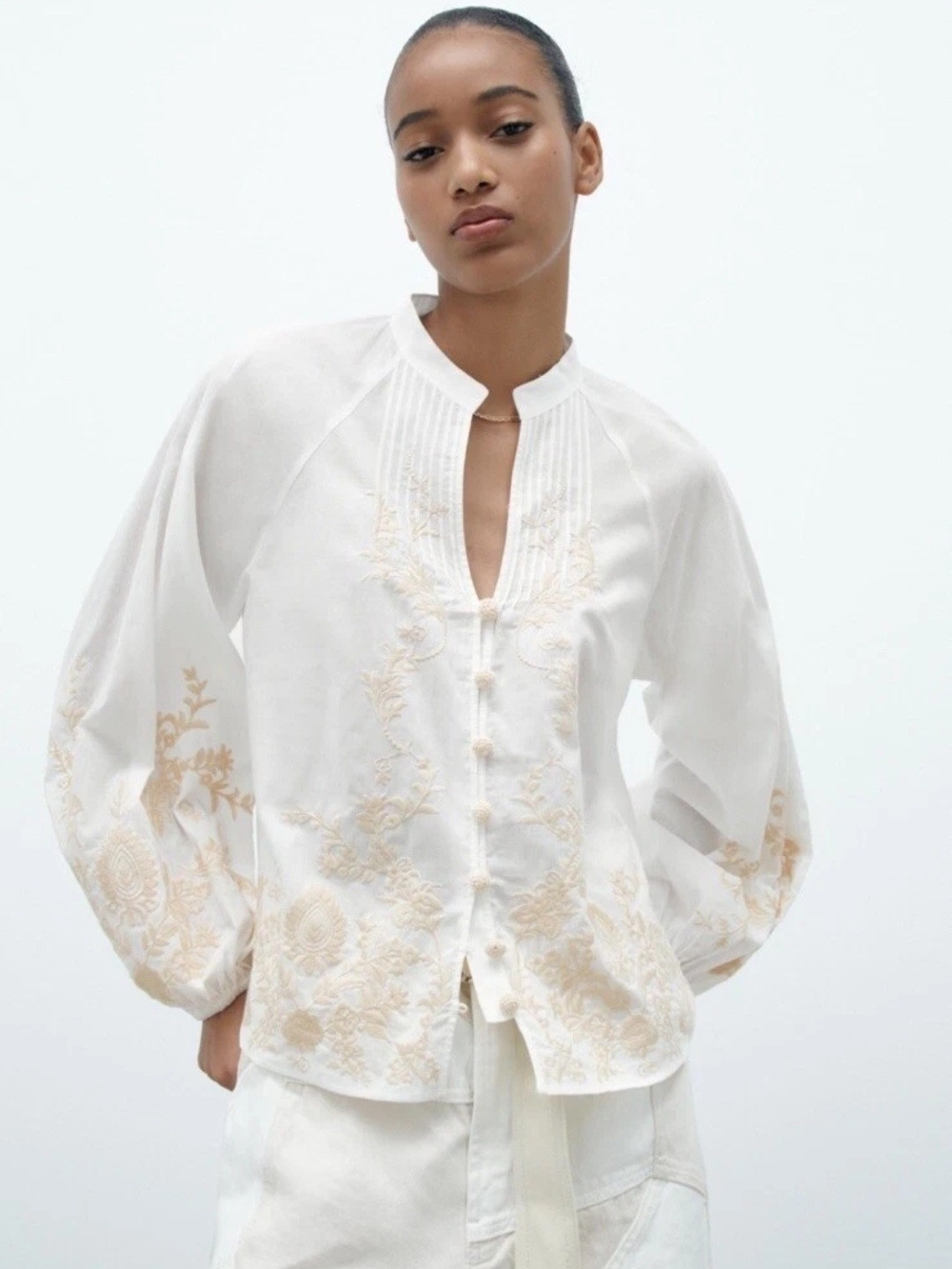 Zara White Blouse with Cream Floral Embroidery